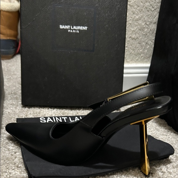 Saint Laurent Black Lee Leather Heels with Gold Heel - Picture 1 of 9